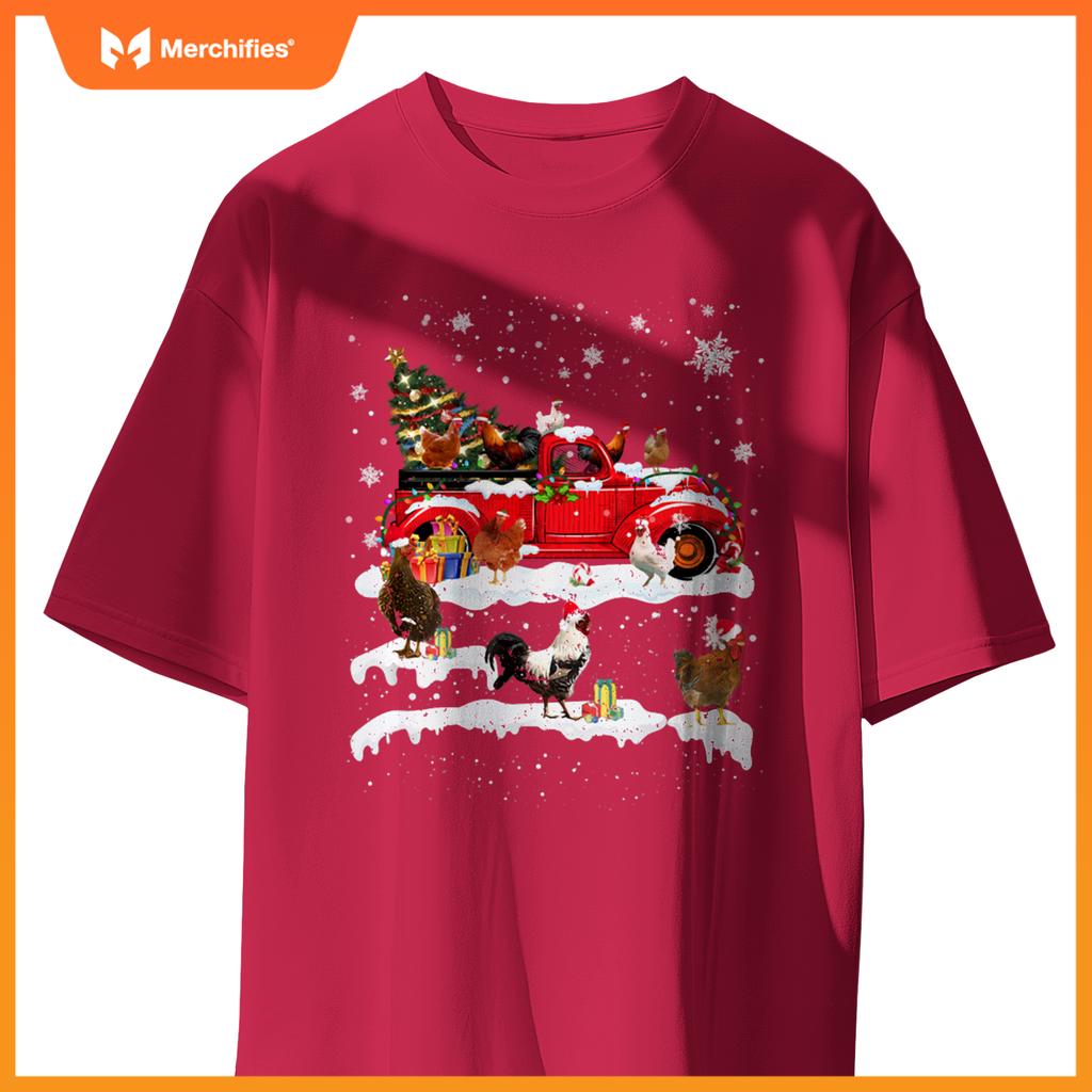 Merry Xmas Chicken Santa Hat Christmas Tree Truck Lights T-Shirt