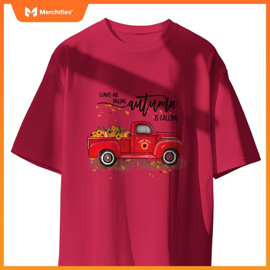 Leaves Are Falling Autumn Is Calling Red Truck Pumpkins T-Shirt