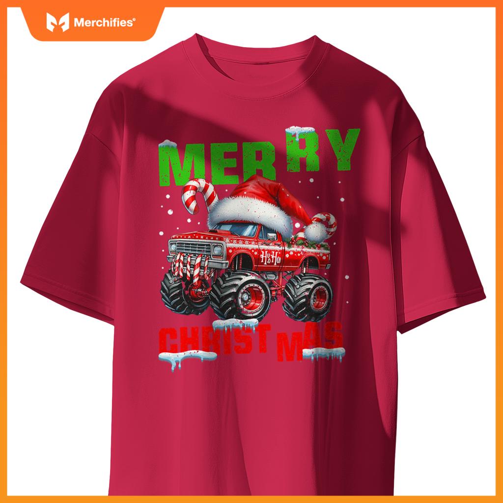 Merry Christmas Monster Truck Xmas Santa Hat Boys Kids T-Shirt