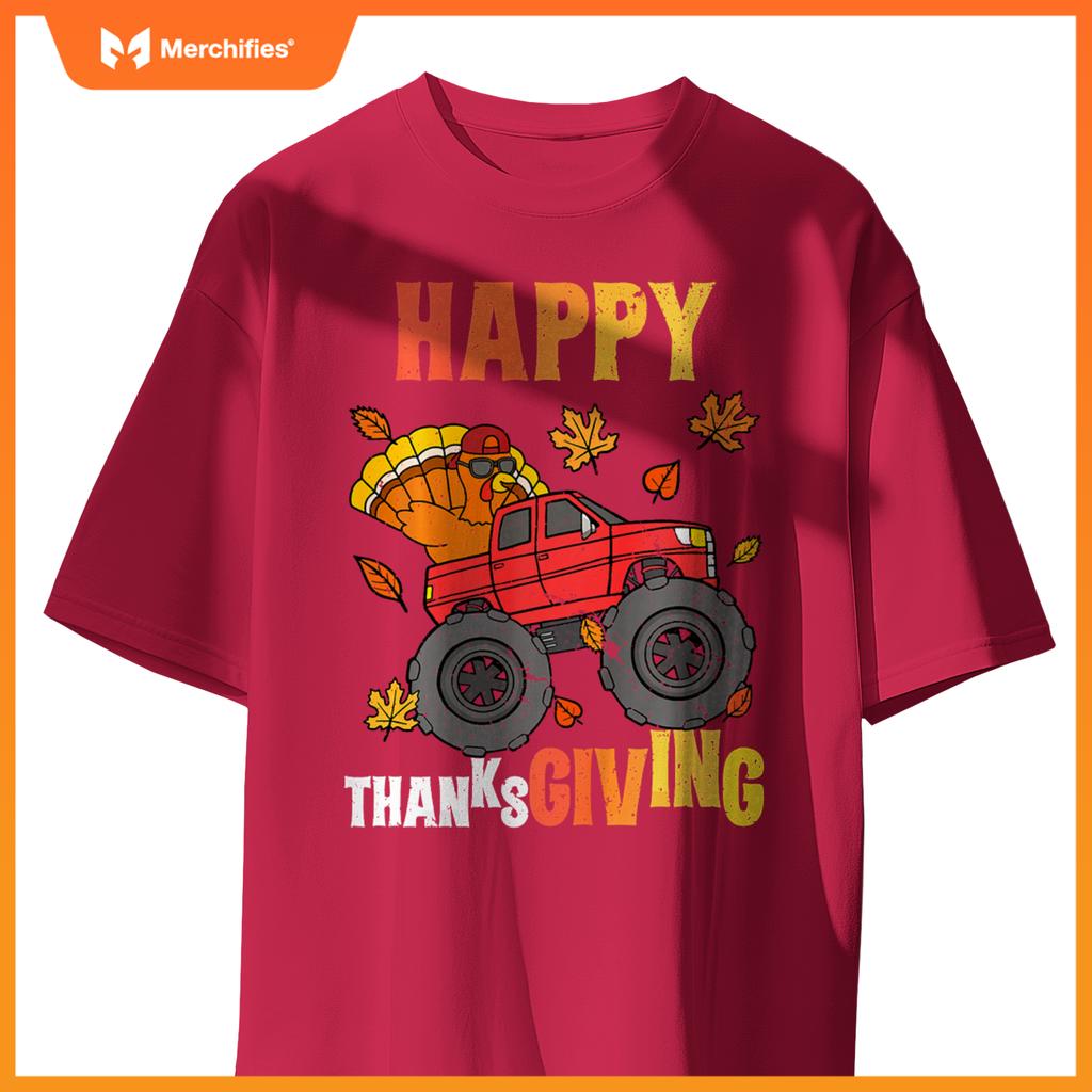 Kids Monster Truck Turkey Happy Thanksgiving Boys Girls T-Shirt