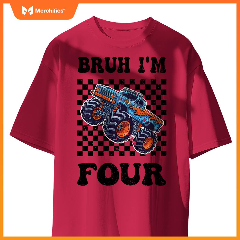 Kids 4 Years Old Boy Girl Bruh Im 4 Birthday Boys Monster Truck T-Shirt