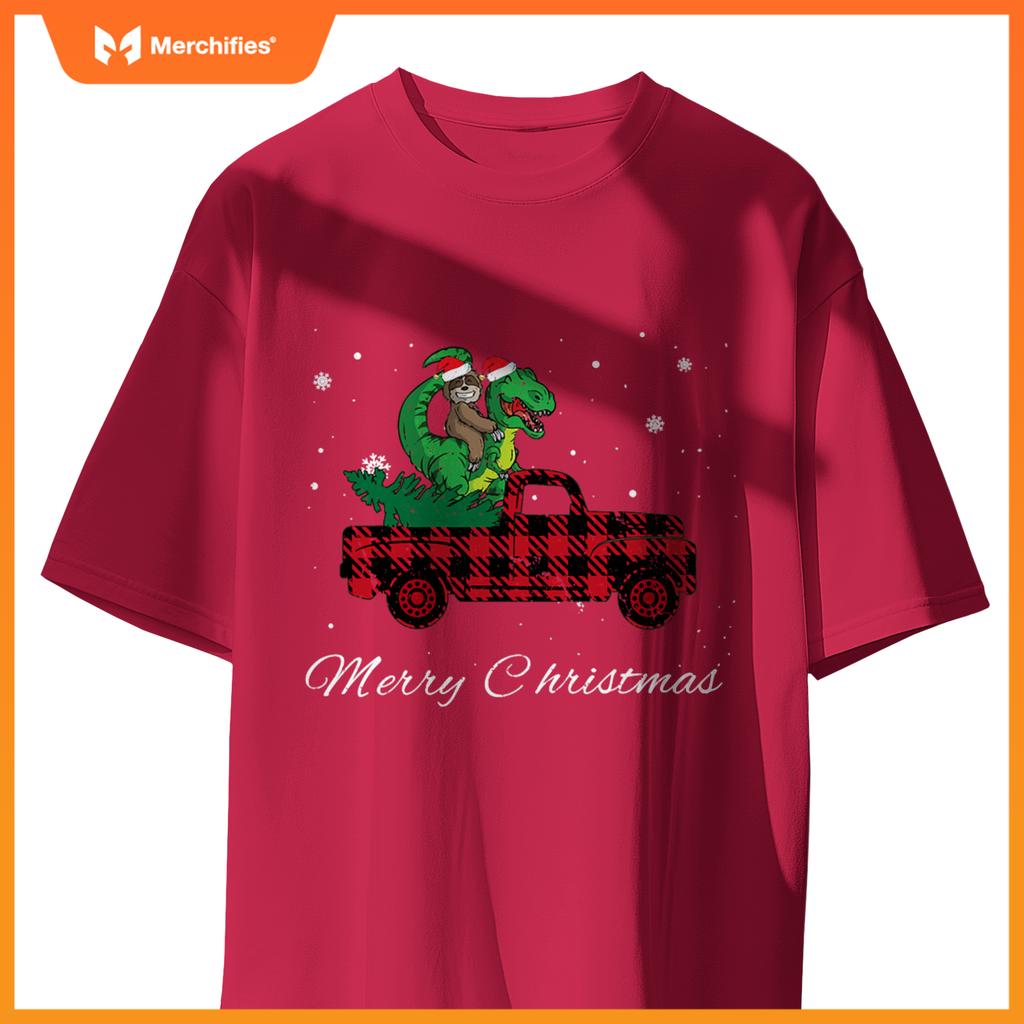 Merry Christmas Red Plaid Truck With Sloth Riding Dinosaur T-Shirt