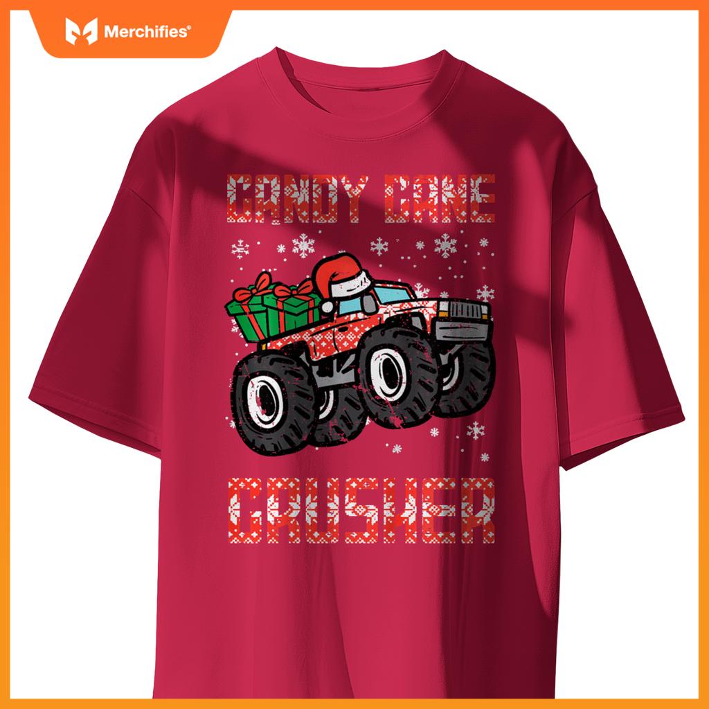 Kids Christmas Candy Cane Crusher Xmas Monster Truck Toddler Boys T-Shirt