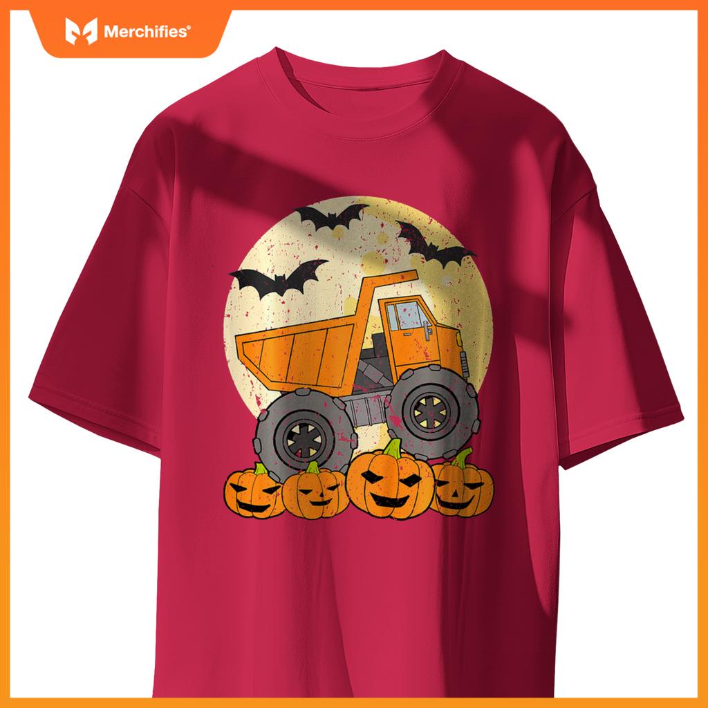 Kids Construction Monster Truck Halloween Pumpkins Toddler Boys T-Shirt