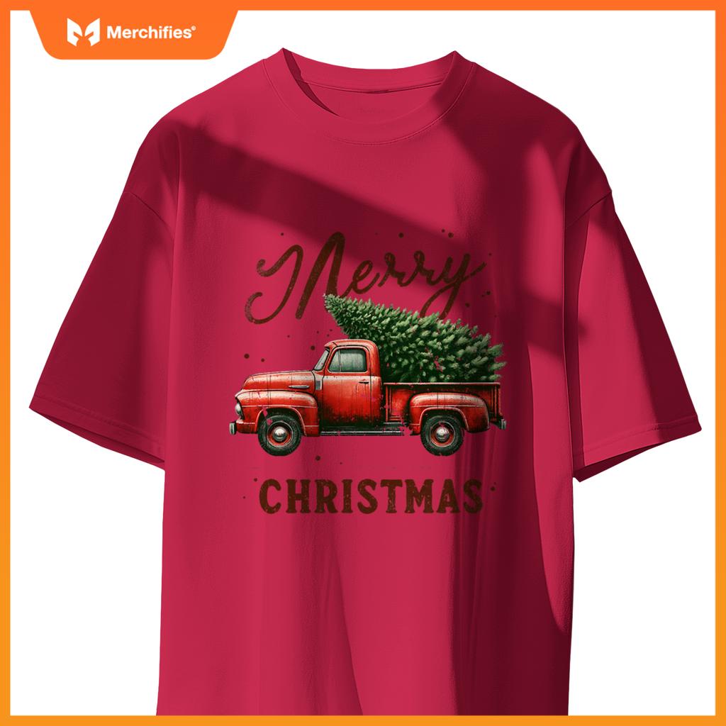 Merry Christmas Tree on Red Truck Wagon Vintage Christmas T-Shirt