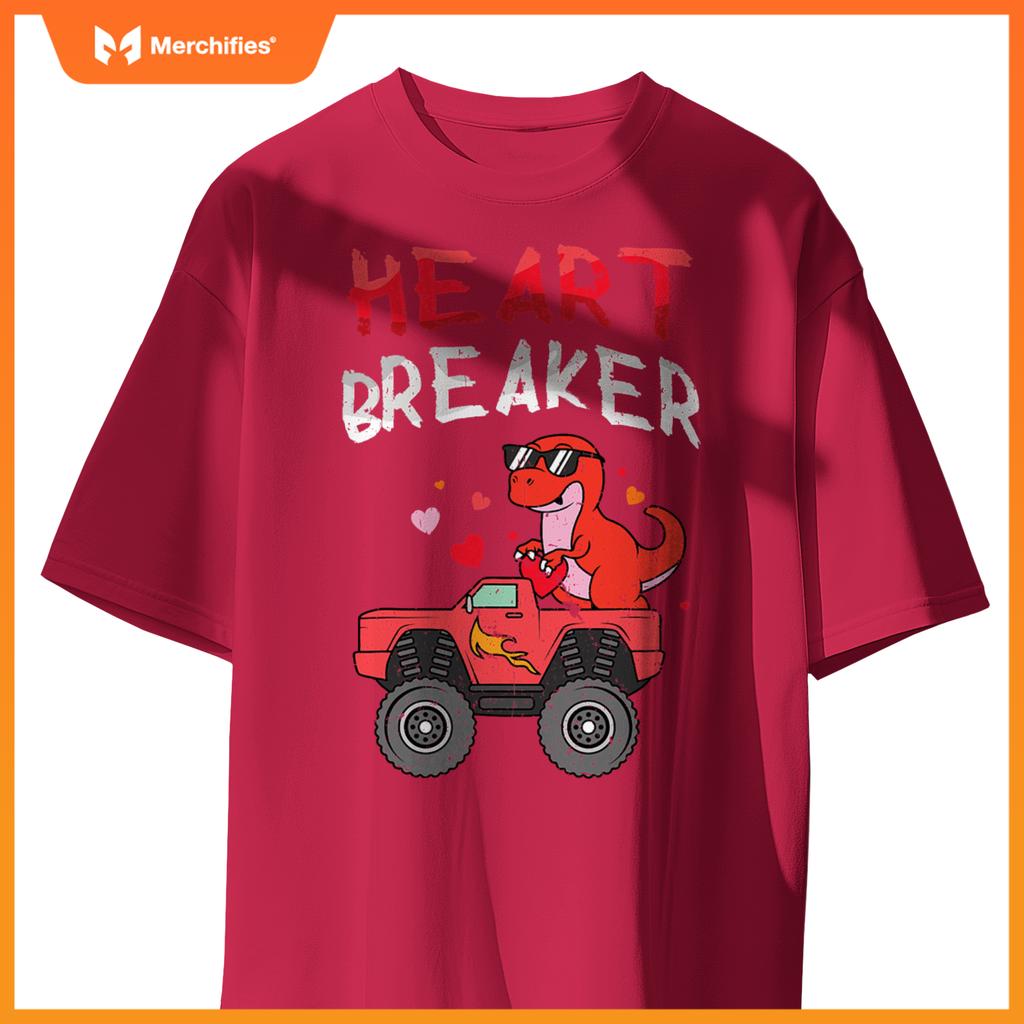 Kids Dinosaur Monster Truck Break Hearts Happy Valentines T-Shirt