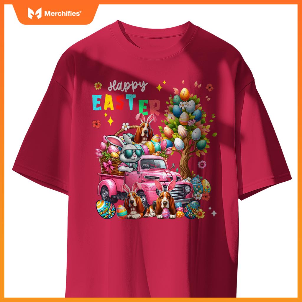Happy Easter Three Cute Bunny Basset Hounds On Pickup Truck T-Shirt