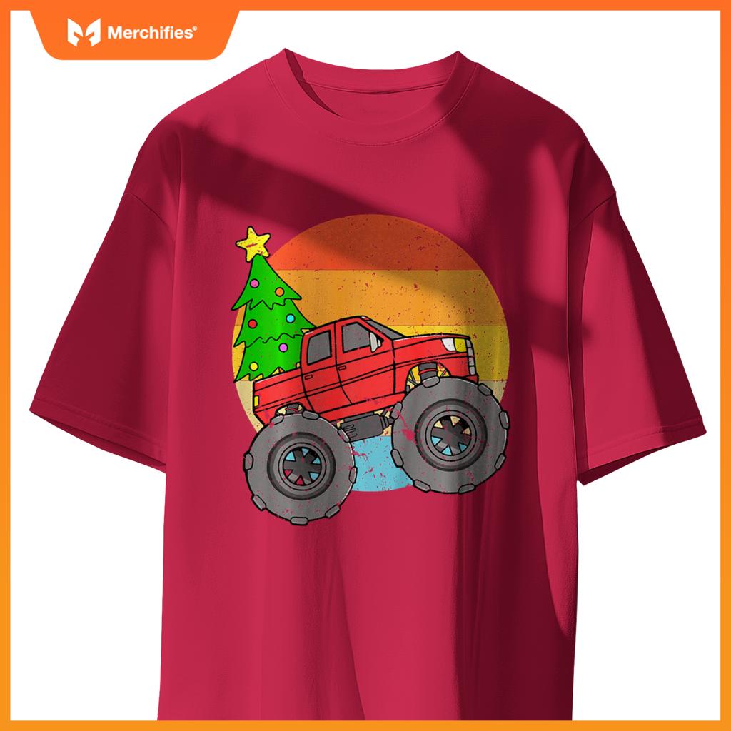 Kids Vintage Sunset Christmas Tree Monster Truck Retro Boys Girls T-Shirt