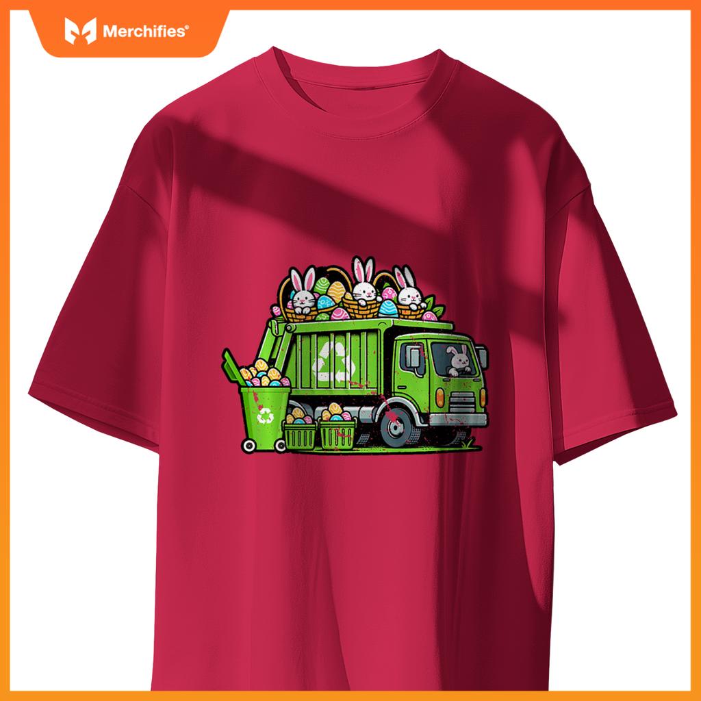 Kids Happy Easter Day Rabbit Lover Bunny Riding Garbage Truck T-Shirt