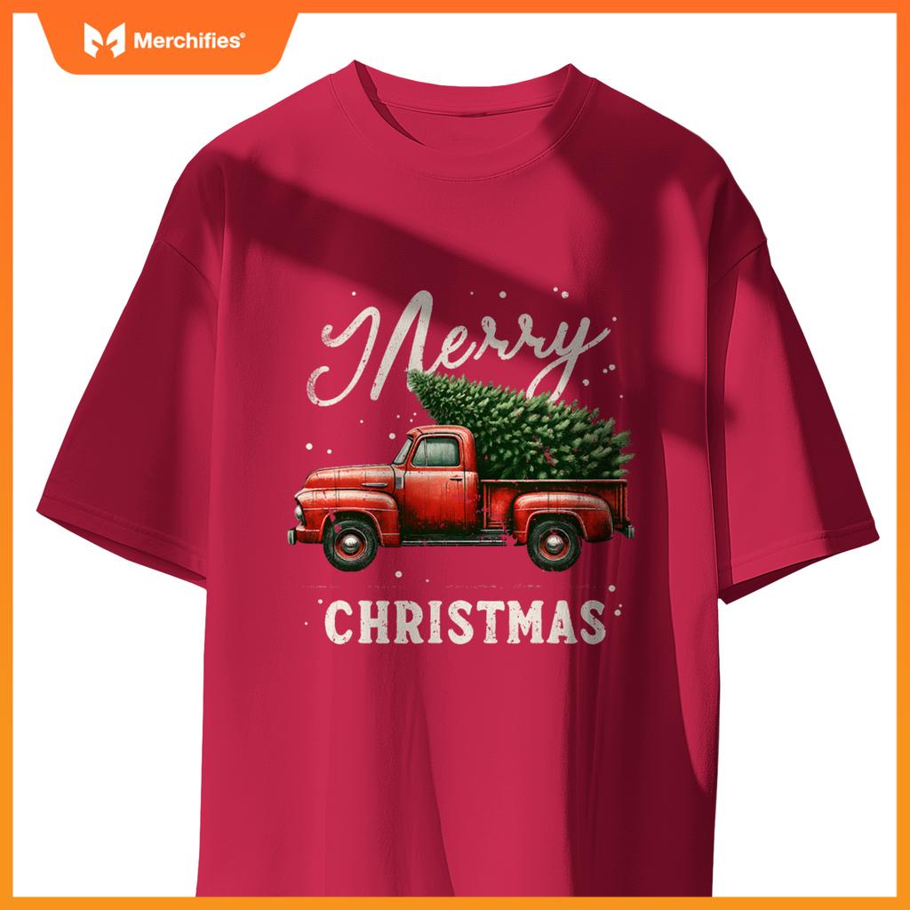 Merry Christmas Tree On Red Truck Wagon Xmas T-Shirt