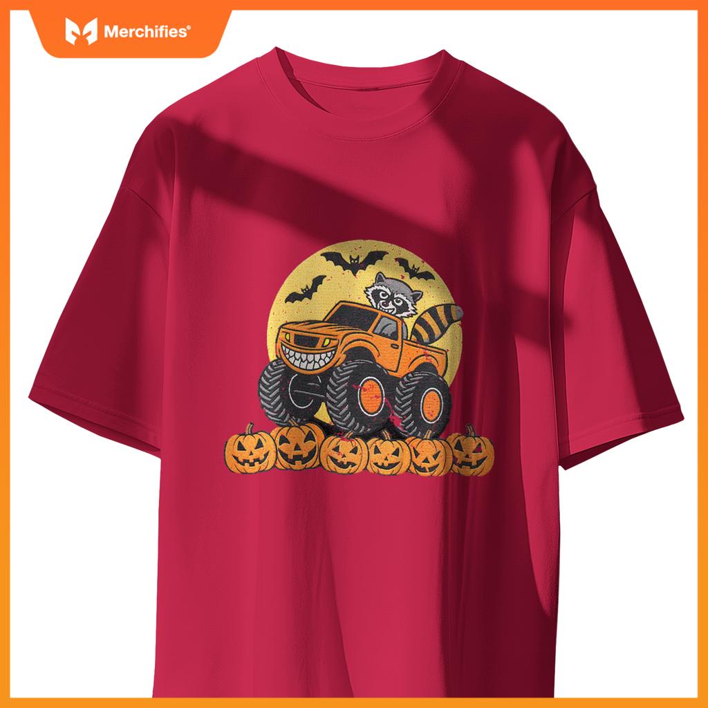 Kids Halloween Monster Truck Driven By A Raccoon School Kids T-Shirt