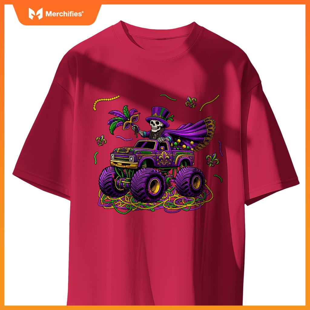 Mardi Gras Monstser Truck Skeleton Beads Mask Carnival T-Shirt