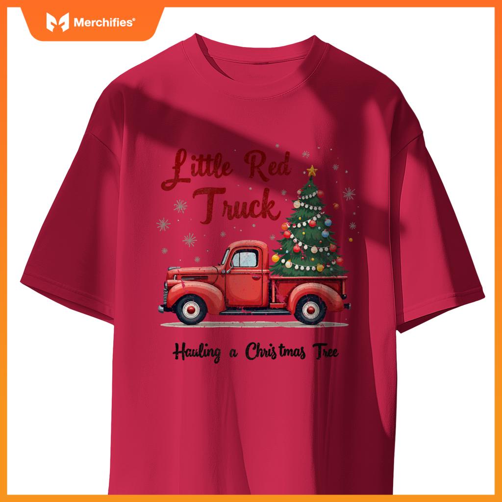 Little Red Truck Hauling A Christmas Tree Family Matching T-Shirt