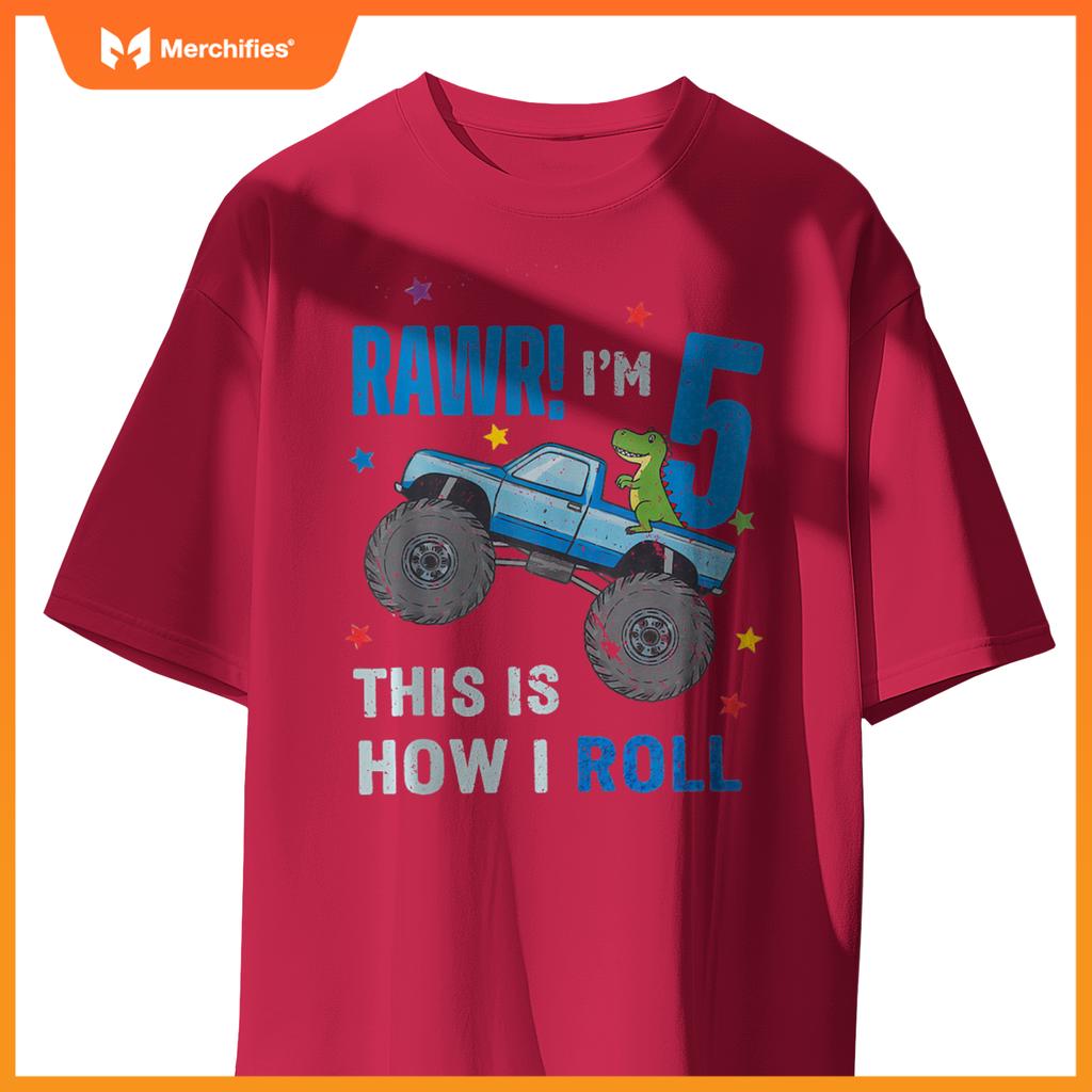 Monster Truck 5 Year Old 5th Birthday Party Trex Dinosaur T-Shirt