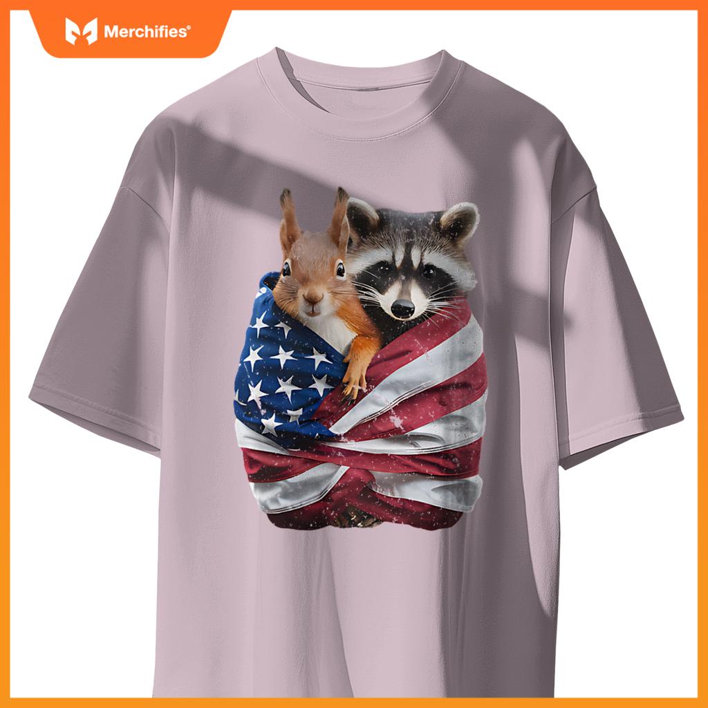 Raccoon And Squirrel Patriotic American Flag T-Shirt