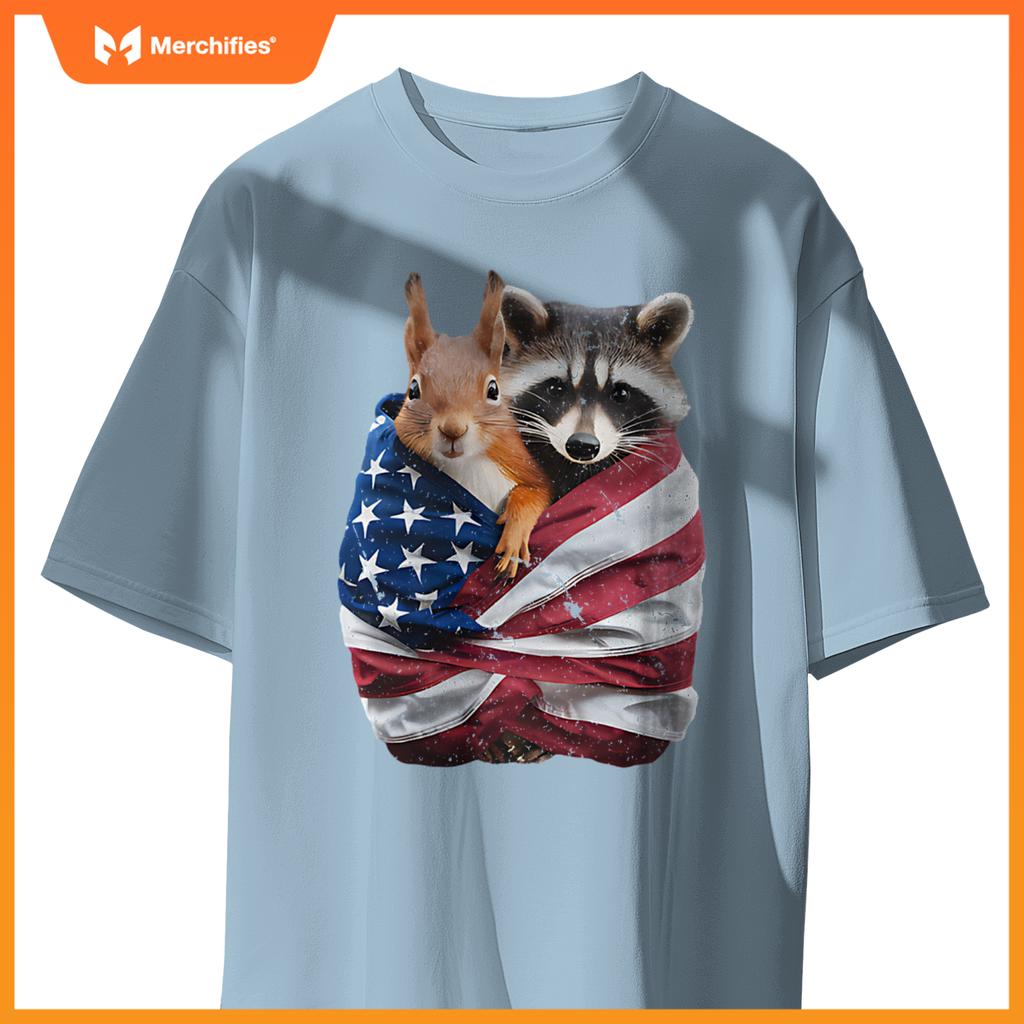 Raccoon And Squirrel Patriotic American Flag T-Shirt