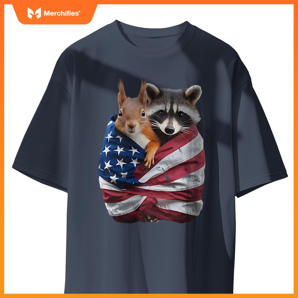Raccoon And Squirrel Patriotic American Flag T-Shirt