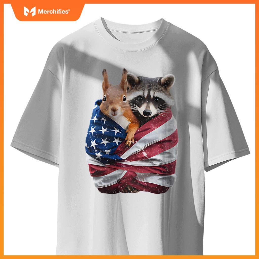 Raccoon And Squirrel Patriotic American Flag T-Shirt