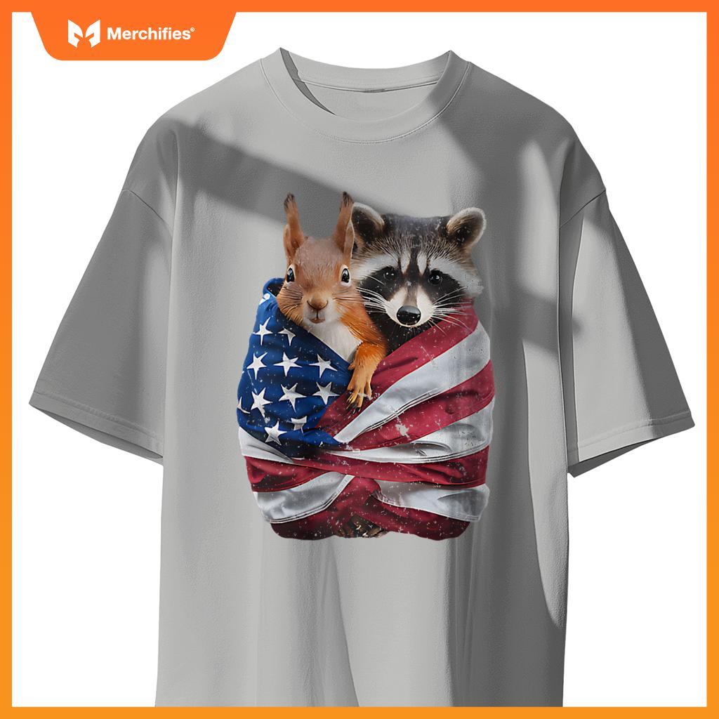 Raccoon And Squirrel Patriotic American Flag Premium T-Shirt