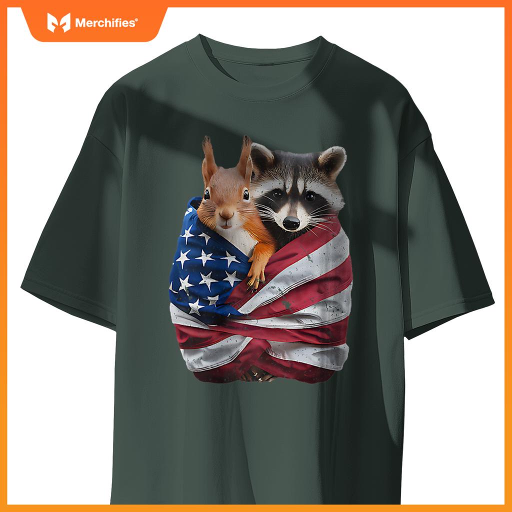 Raccoon And Squirrel Patriotic American Flag Premium T-Shirt