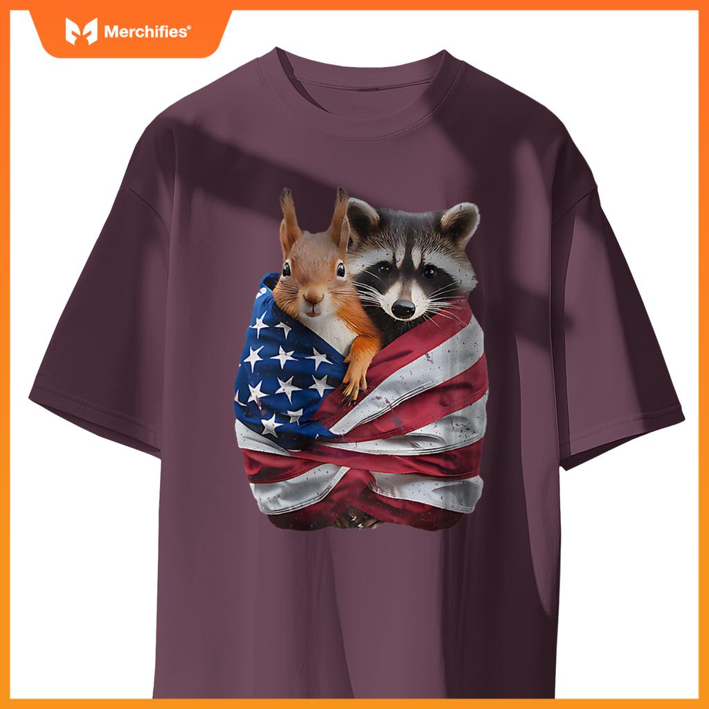 Raccoon And Squirrel Patriotic American Flag Premium T-Shirt