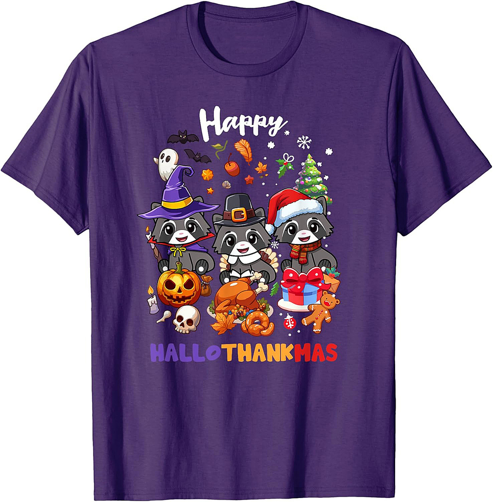 Raccoon Happy Hallothankmas Christmas Thanksgiving Halloween T-Shirt
