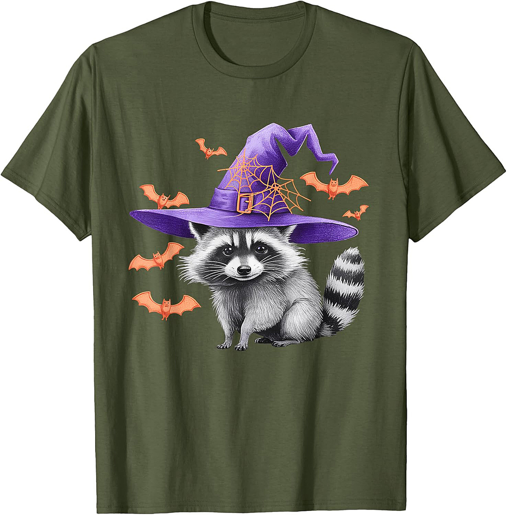 Raccoon Witch Hat Funny Halloween Raccoon T-Shirt
