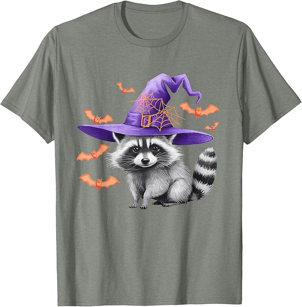 Raccoon Witch Hat Funny Halloween Raccoon T-Shirt