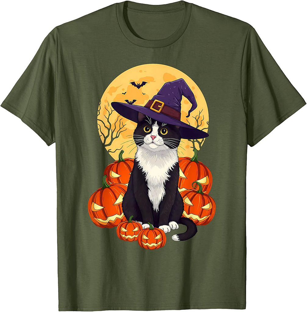 Retro Black Cat Halloween Pumpkin Costume For Men Women Kids T-Shirt