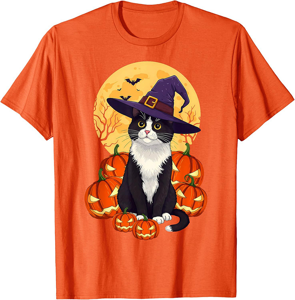 Retro Black Cat Halloween Pumpkin Costume For Men Women Kids T-Shirt