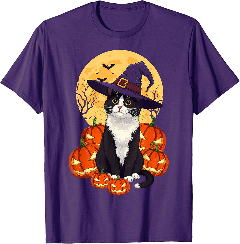 Retro Black Cat Halloween Pumpkin Costume For Men Women Kids T-Shirt