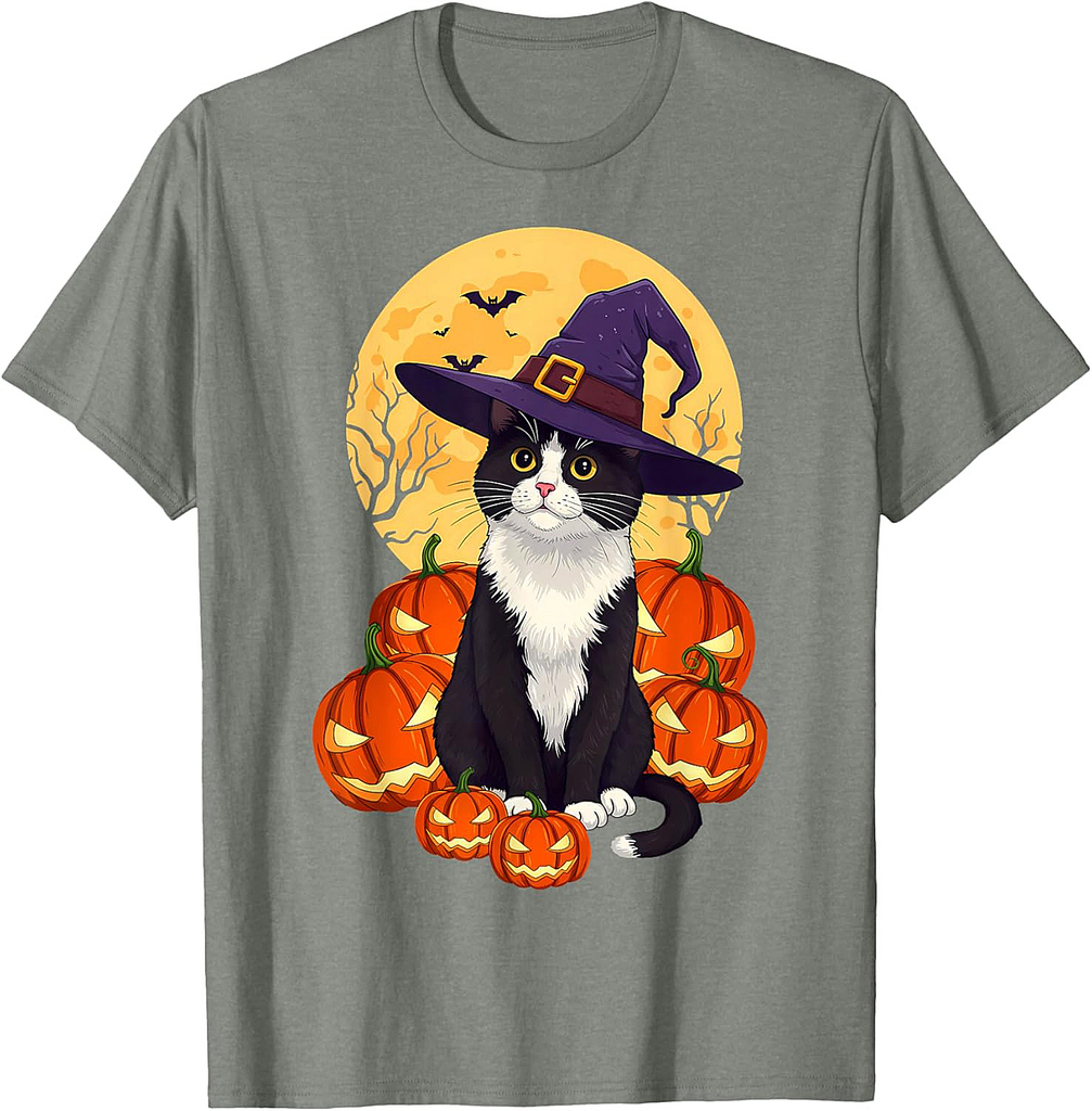 Retro Black Cat Halloween Pumpkin Costume For Men Women Kids T-Shirt