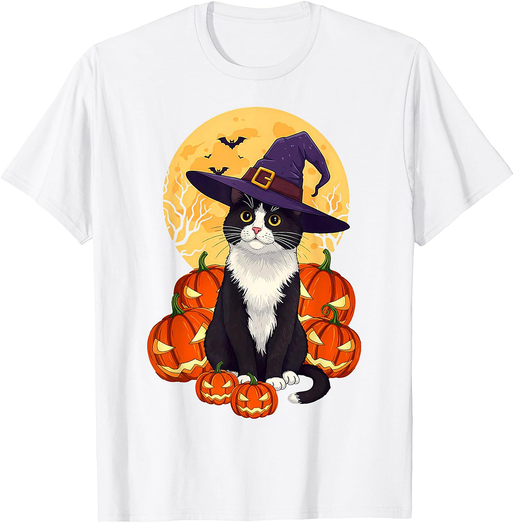 Retro Black Cat Halloween Pumpkin Costume For Men Women Kids T-Shirt