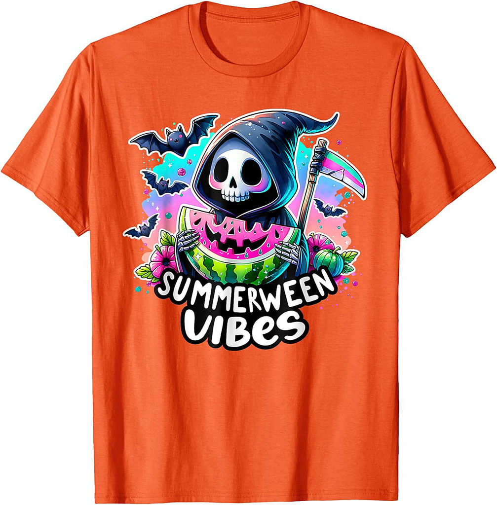 Retro Ghost Summerween Vibes Skeleton Summer Halloween T-Shirt