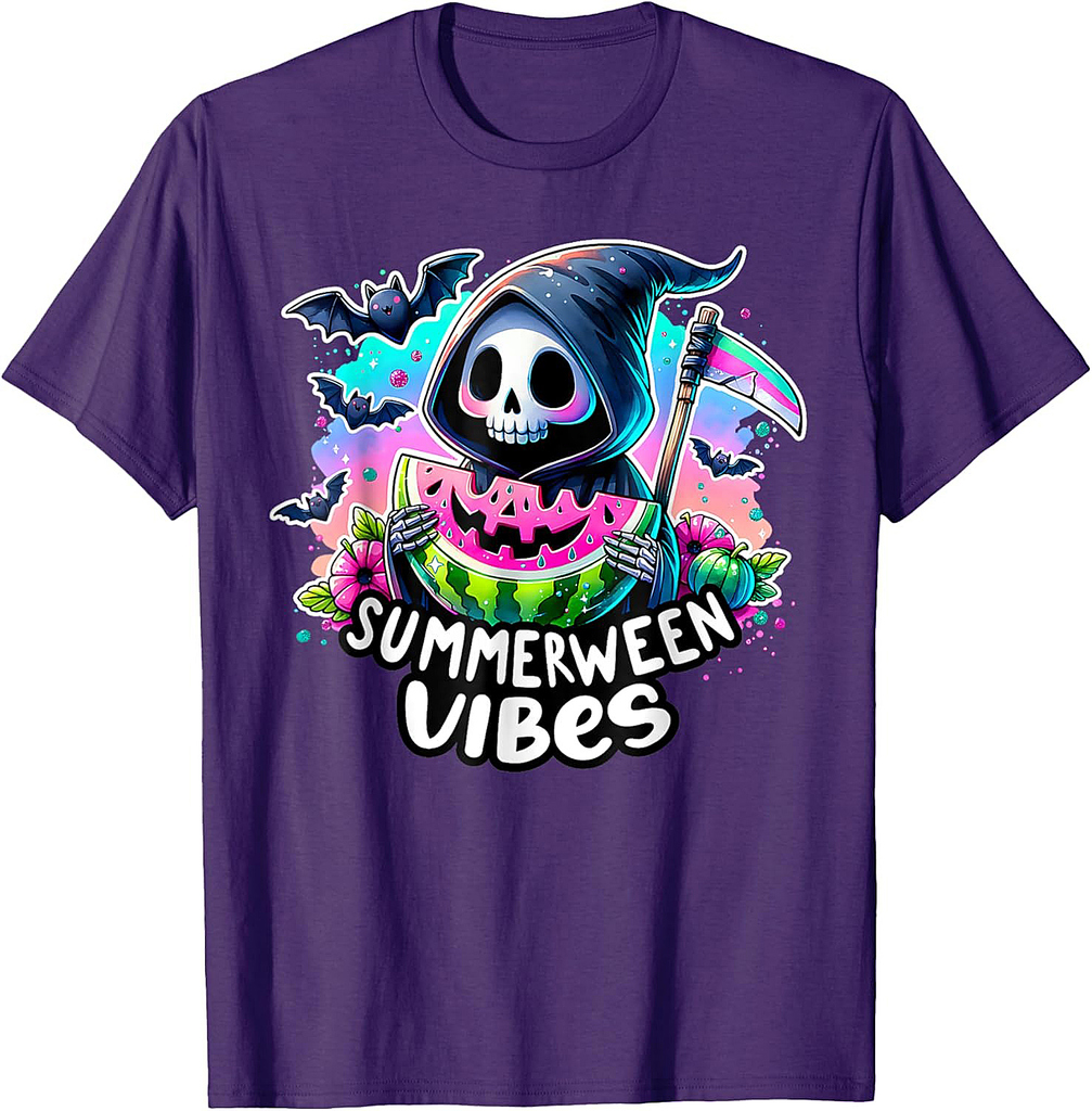Retro Ghost Summerween Vibes Skeleton Summer Halloween T-Shirt