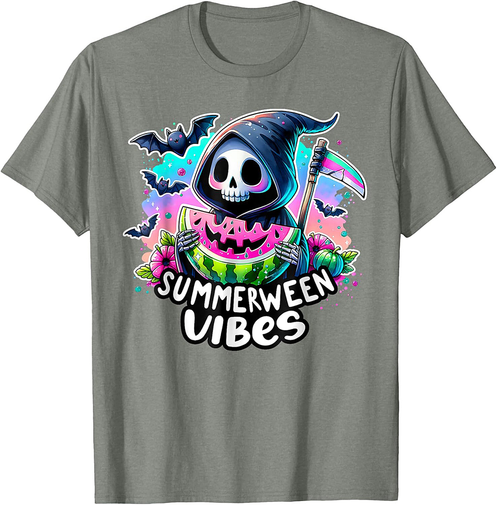 Retro Ghost Summerween Vibes Skeleton Summer Halloween T-Shirt