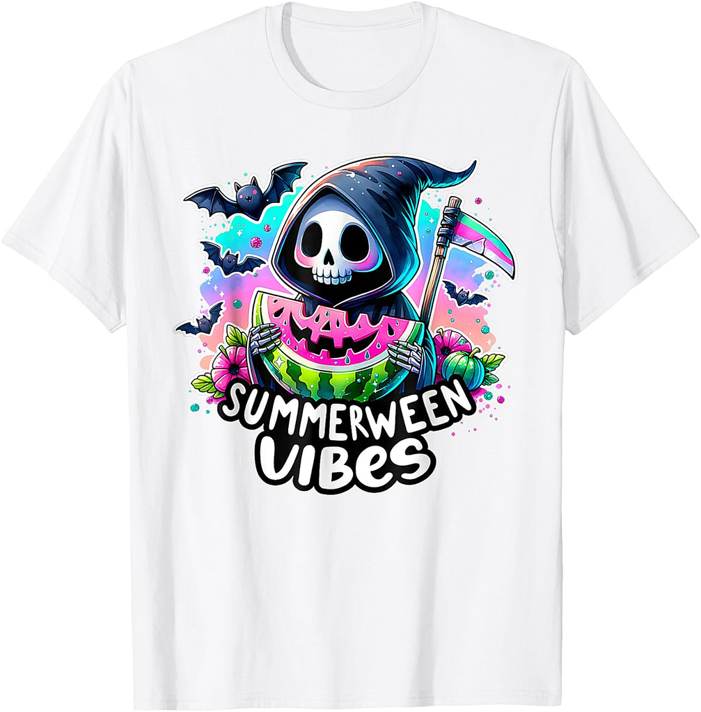 Retro Ghost Summerween Vibes Skeleton Summer Halloween T-Shirt