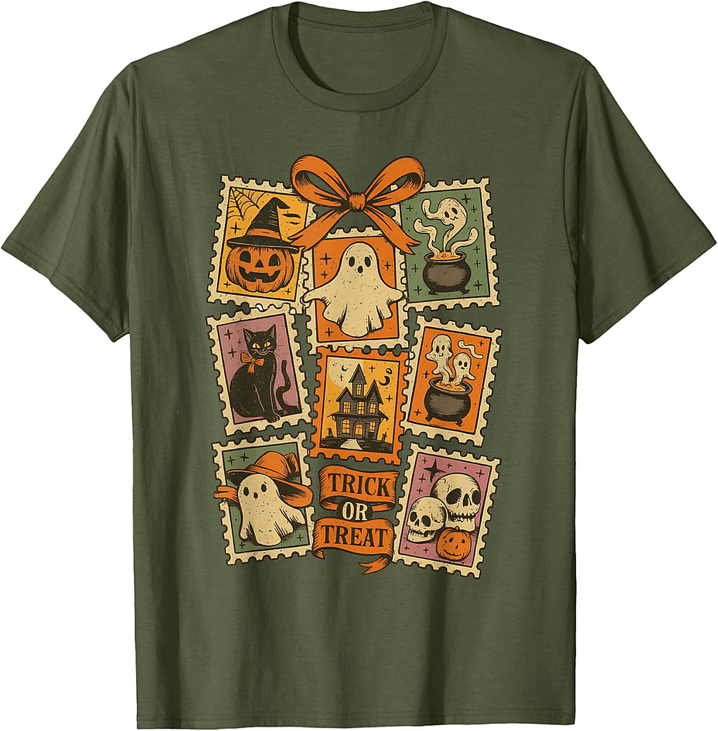 Retro Halloween Stamp Icons Funny Halloween Cat Ghost Stamp T-Shirt