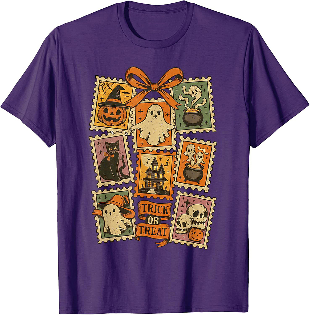 Retro Halloween Stamp Icons Funny Halloween Cat Ghost Stamp T-Shirt
