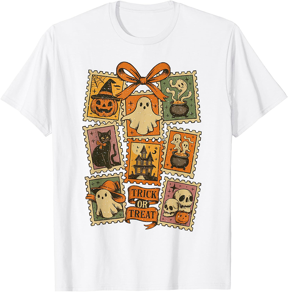 Retro Halloween Stamp Icons Funny Halloween Cat Ghost Stamp T-Shirt