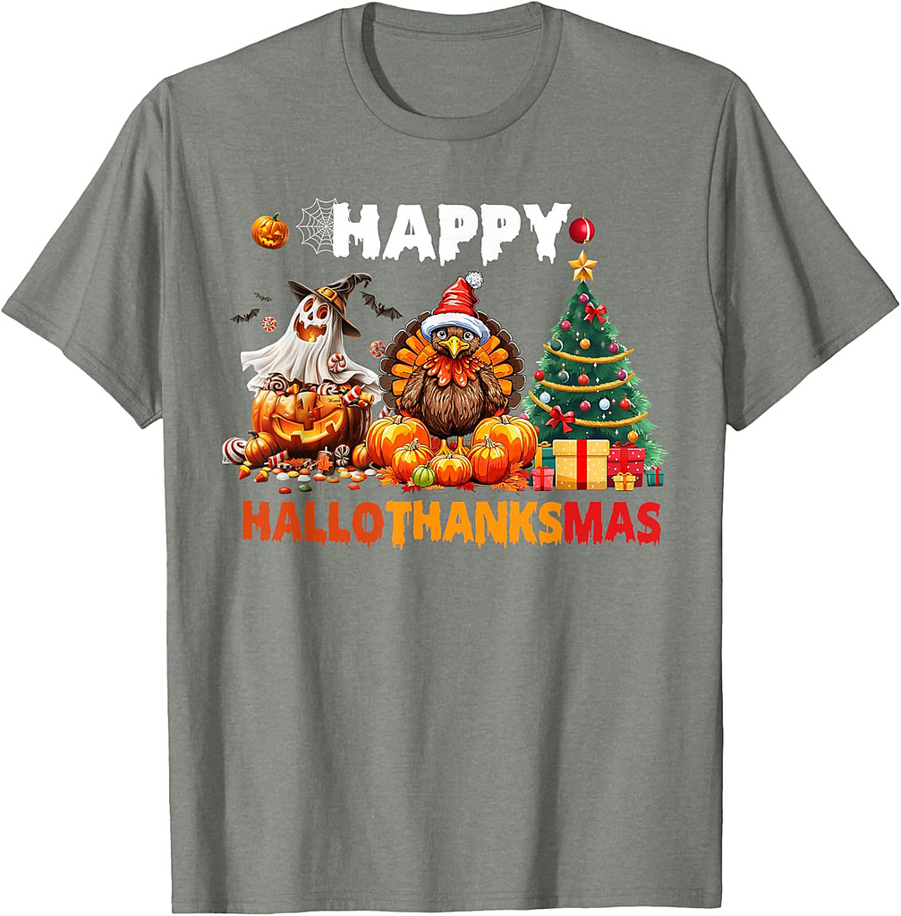 Retro Halloween Thanksgiving Christmas Happy HalloThanksMas T-Shirt