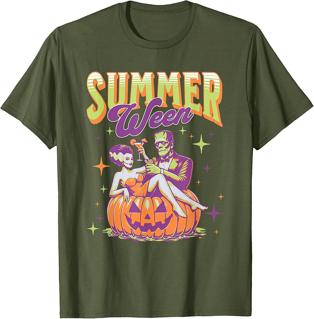 Retro Happy Summerween Funny Frankenstein Monster And Bride T-Shirt