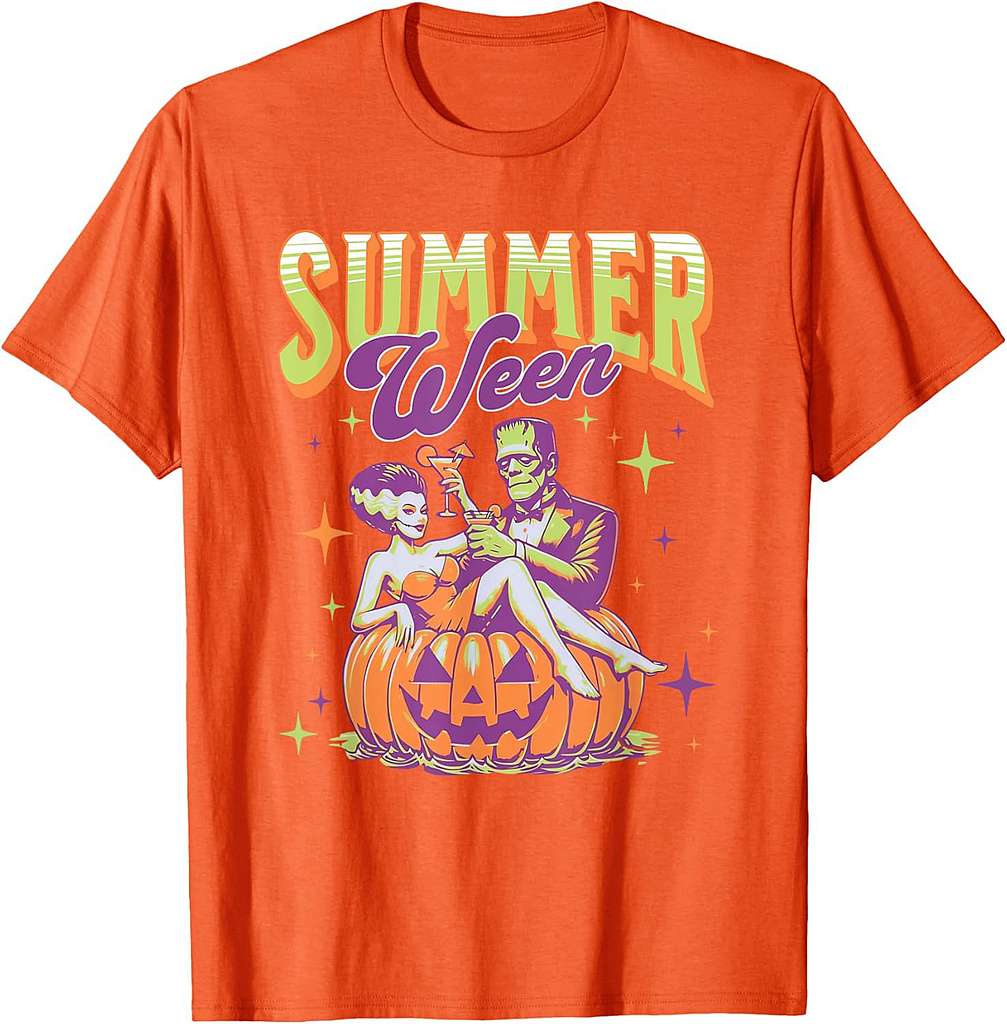 Retro Happy Summerween Funny Frankenstein Monster And Bride T-Shirt
