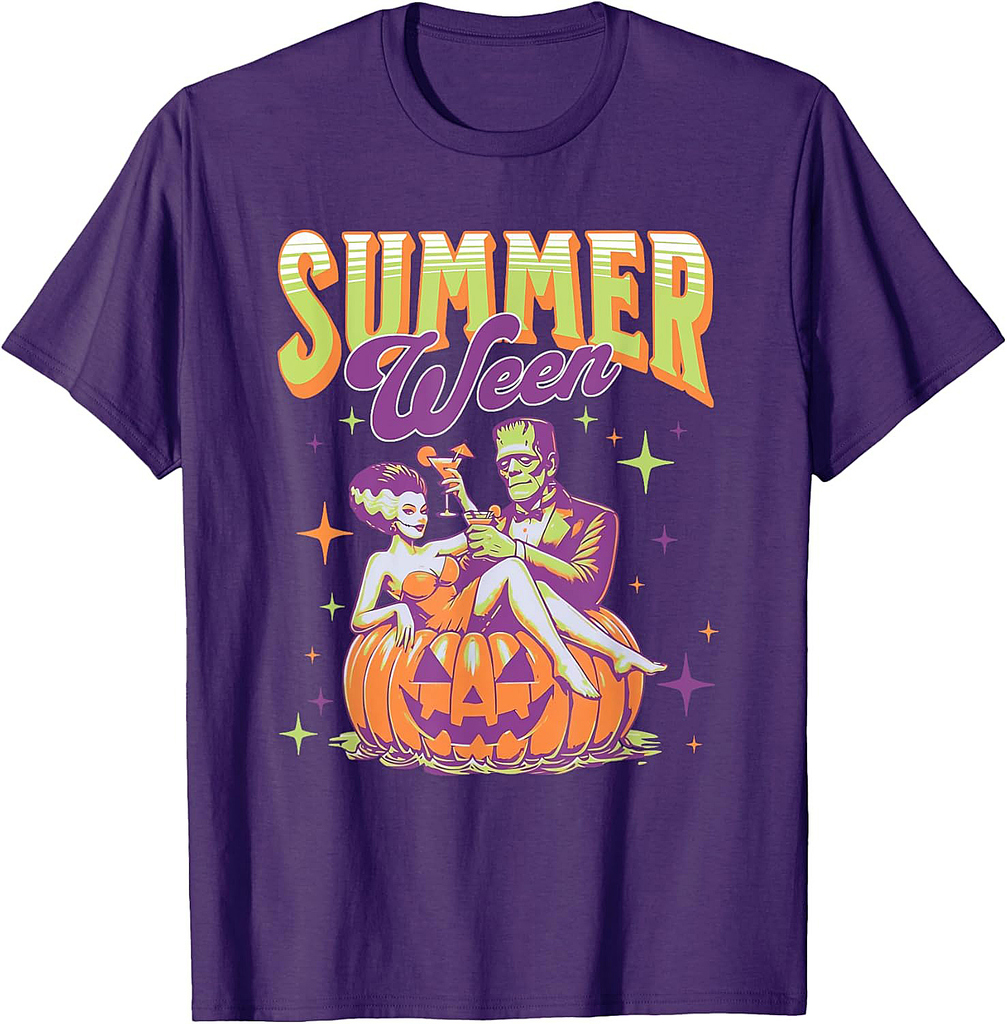 Retro Happy Summerween Funny Frankenstein Monster And Bride T-Shirt