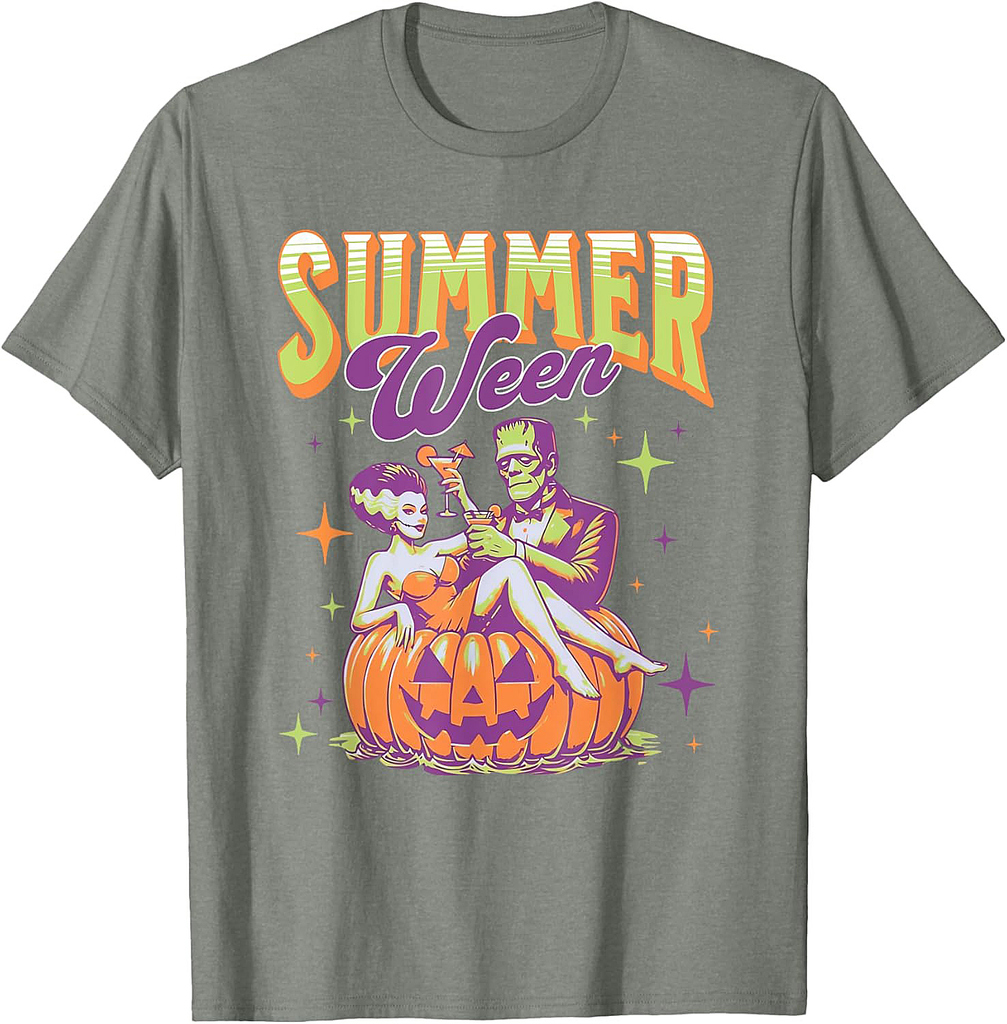 Retro Happy Summerween Funny Frankenstein Monster And Bride T-Shirt