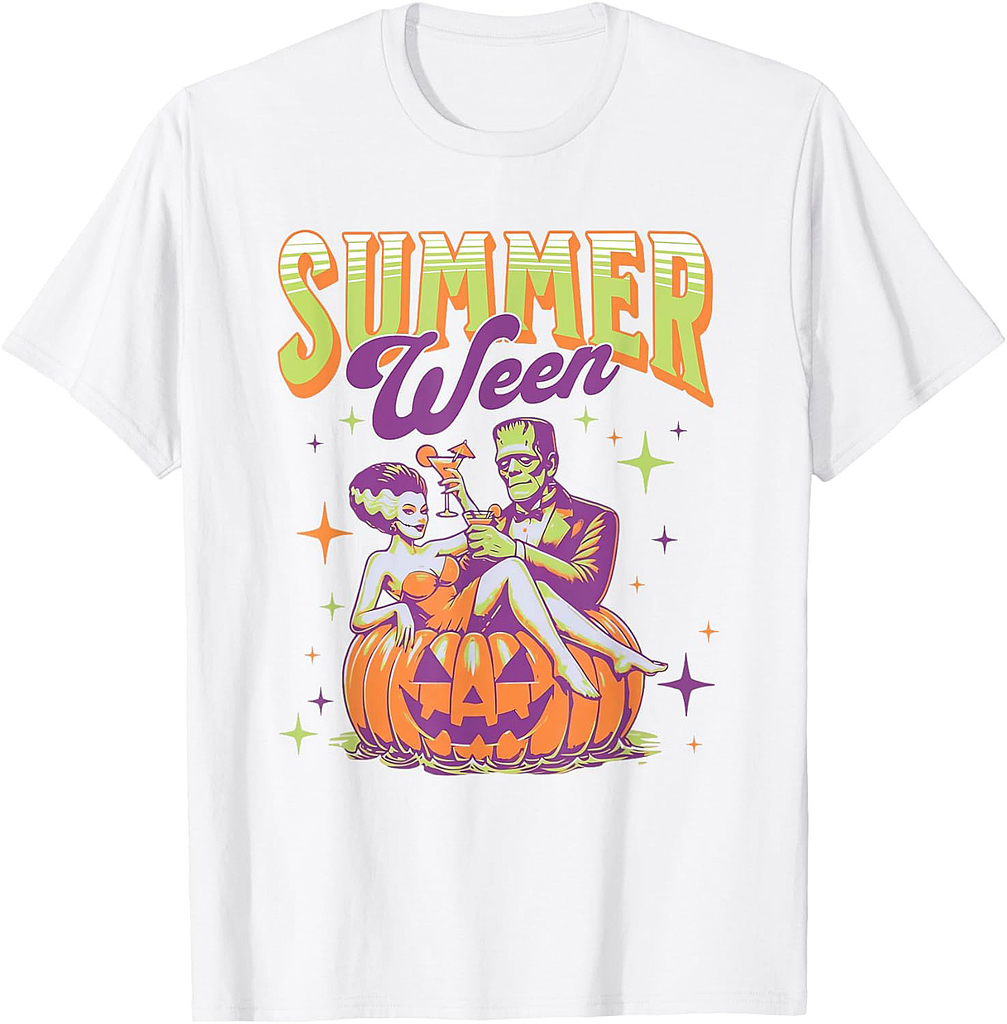 Retro Happy Summerween Funny Frankenstein Monster And Bride T-Shirt