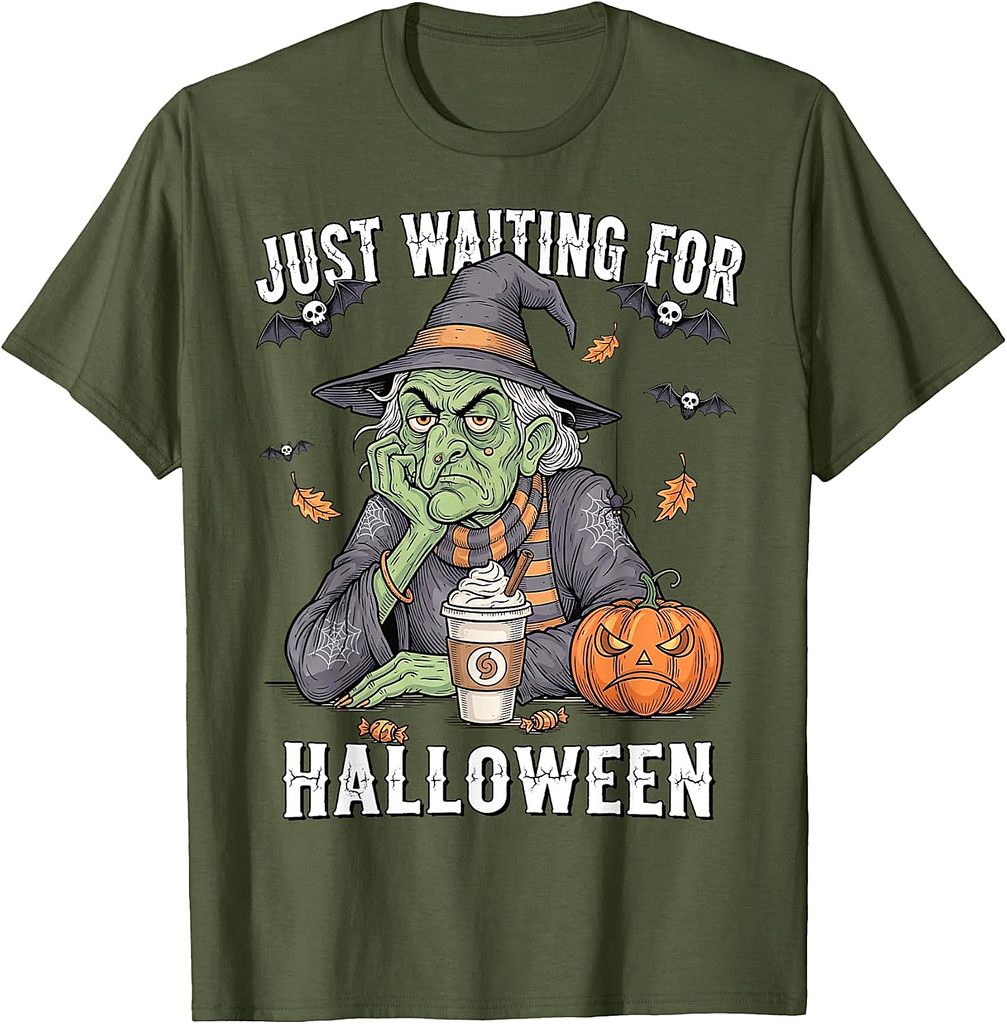 Retro Just Waiting for Halloween Witch Pumpkin Spooky Fall T-Shirt