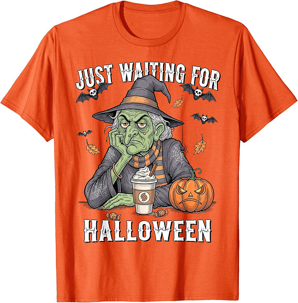 Retro Just Waiting for Halloween Witch Pumpkin Spooky Fall T-Shirt