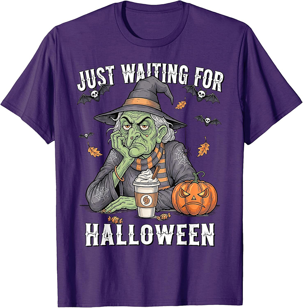 Retro Just Waiting for Halloween Witch Pumpkin Spooky Fall T-Shirt