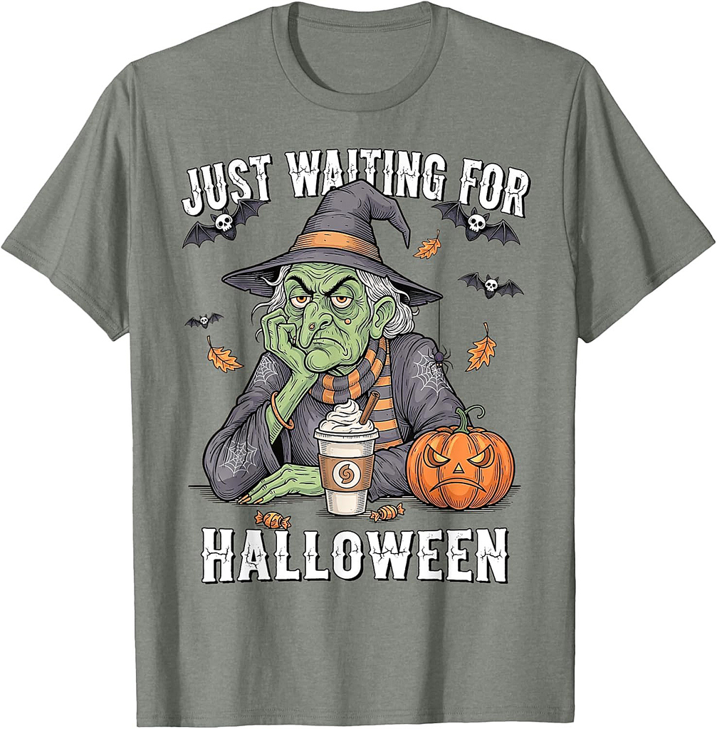Retro Just Waiting for Halloween Witch Pumpkin Spooky Fall T-Shirt
